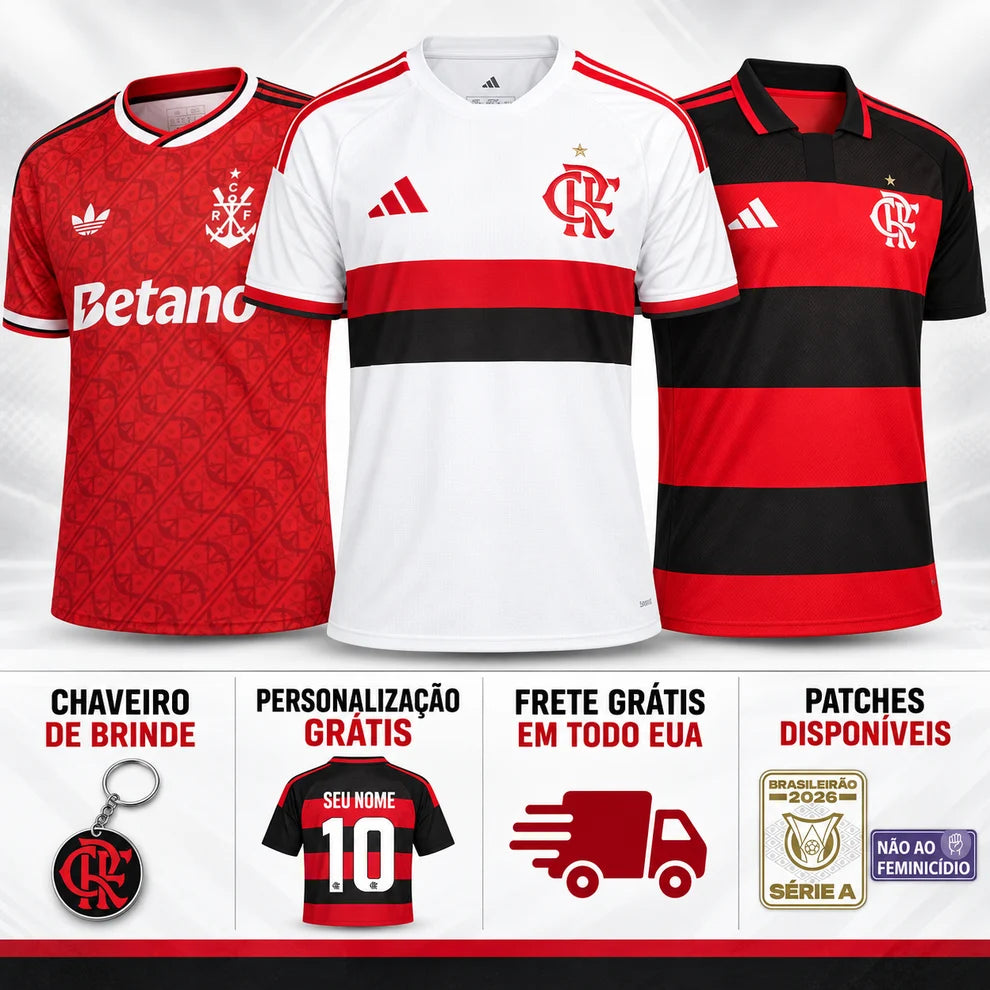 Pack Flamengo Principal, Alternativa e Terceiro 26/27 - Terceiro Equipamento Vermelho com Padrão